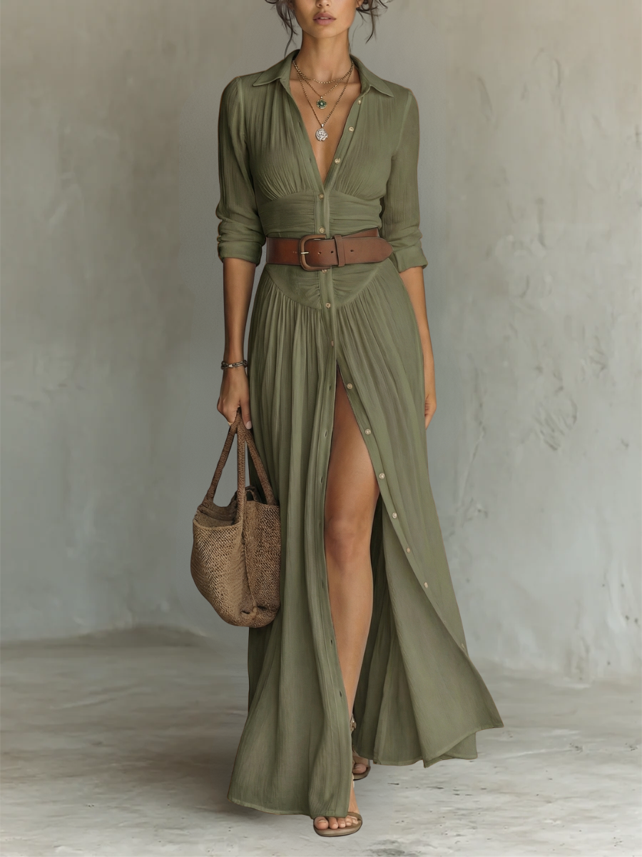 Vestido largo maxi con cuello de solapa y mangas largas de lino para mujer