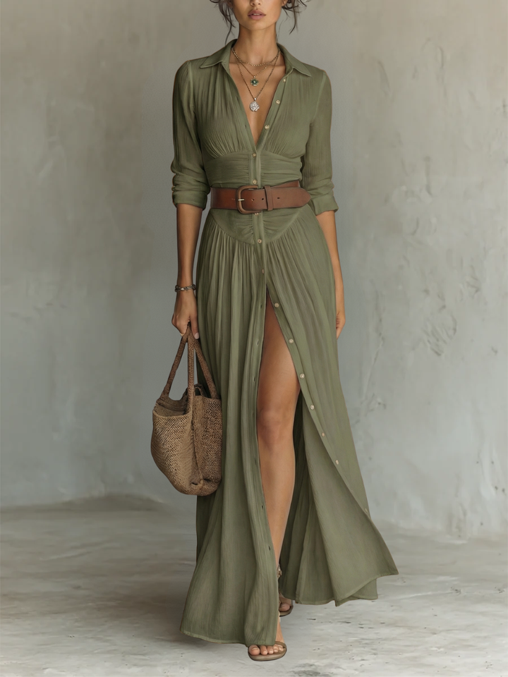 Vestido largo maxi con cuello de solapa y mangas largas de lino para mujer