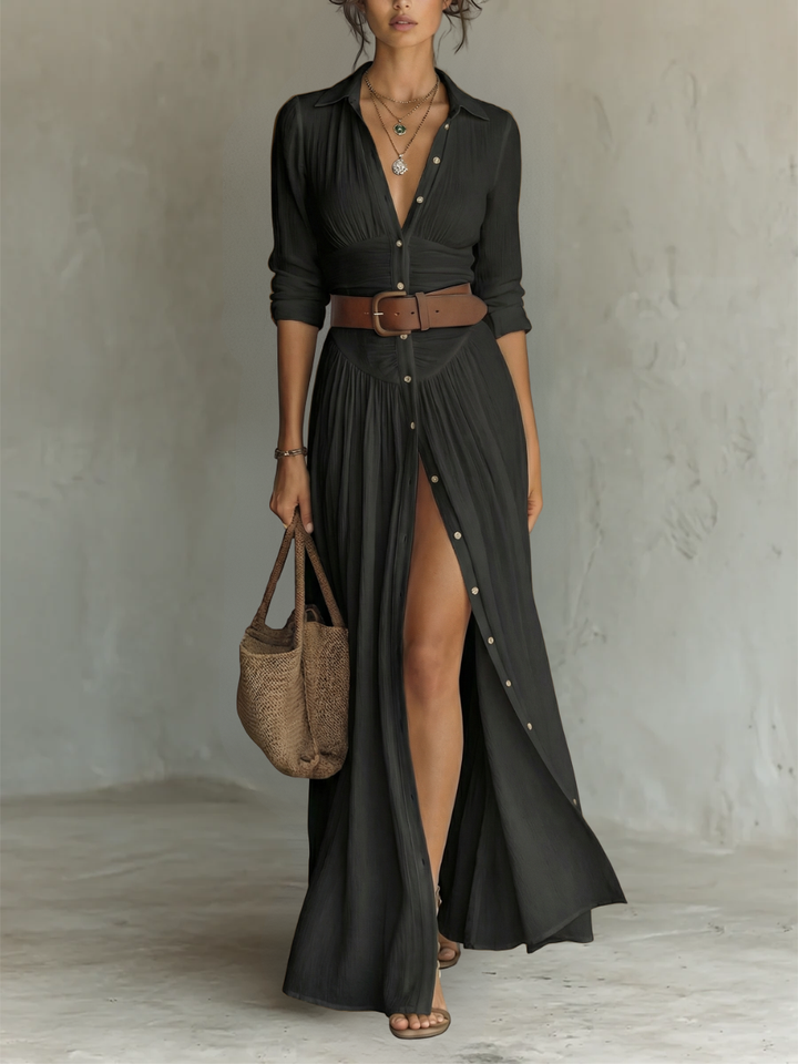 Amélia™ — Elegante vestido largo con cuello de solapa