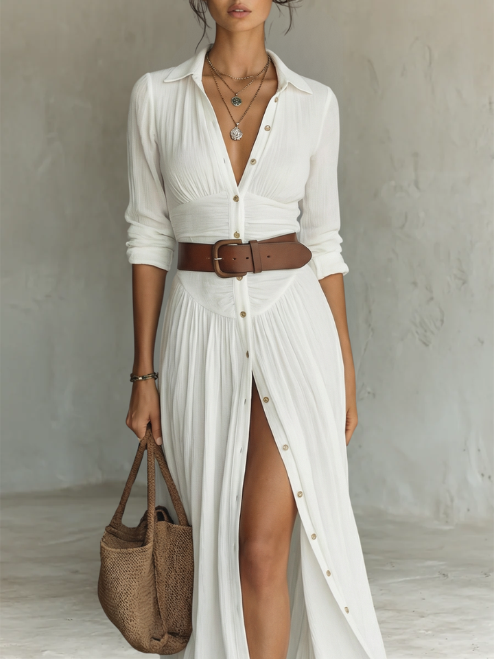 Vestido largo maxi con cuello de solapa y mangas largas de lino para mujer