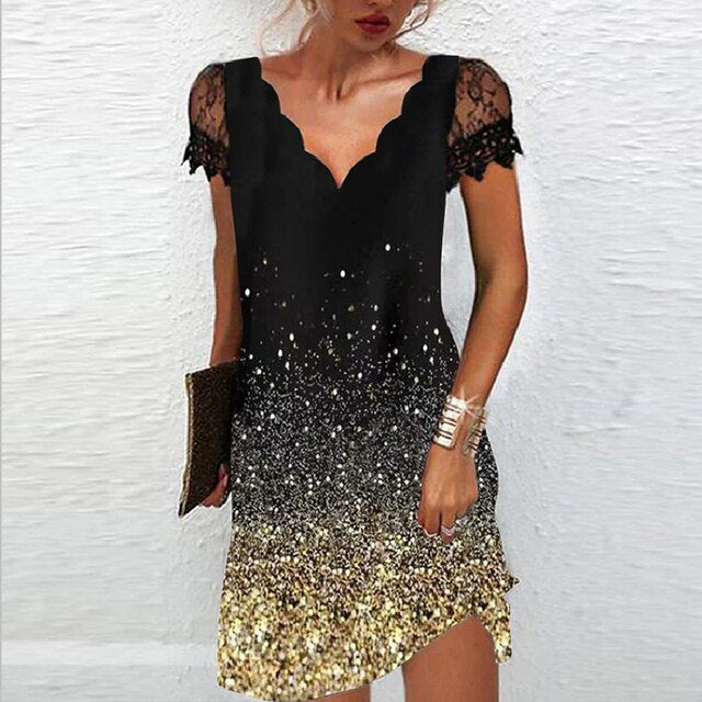 Lace Sleeve V-Neck Floral Dress