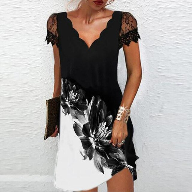 Lace Sleeve V-Neck Floral Dress