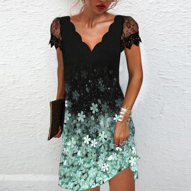 Lace Sleeve V-Neck Floral Dress