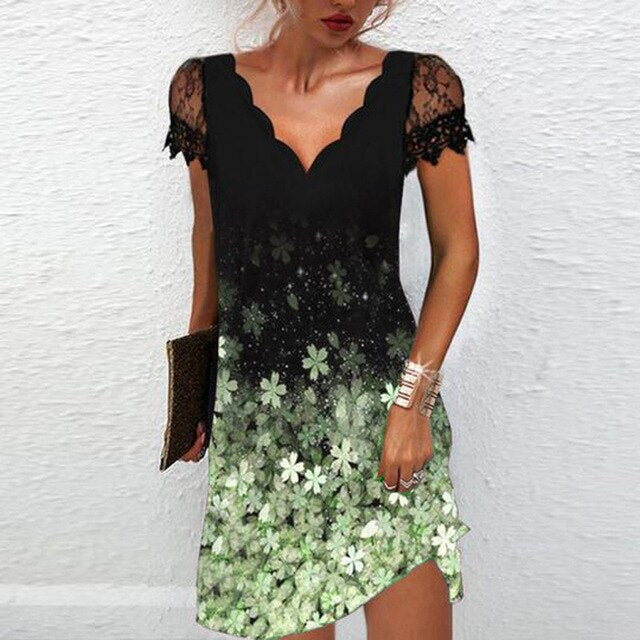 Lace Sleeve V-Neck Floral Dress