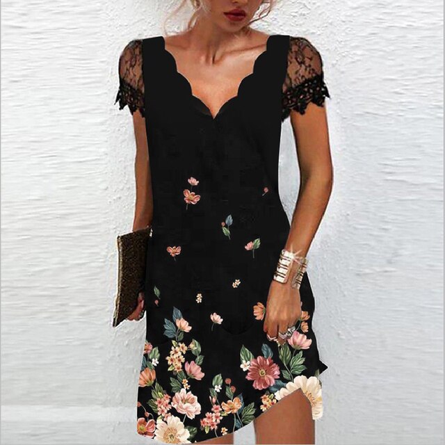Lace Sleeve V-Neck Floral Dress