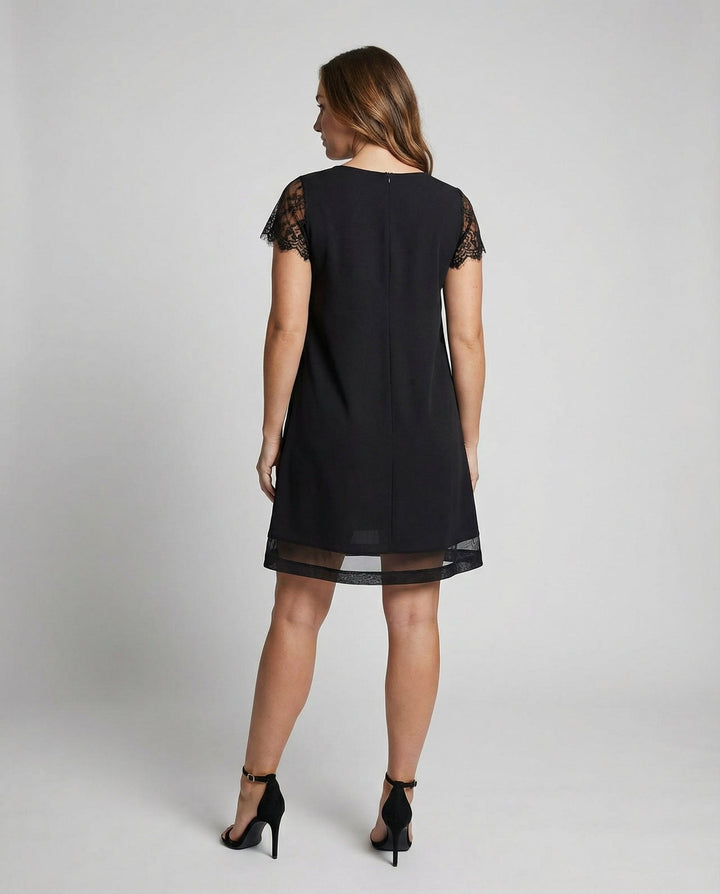 Scalloped V-Neck Lace Sleeve Dress
