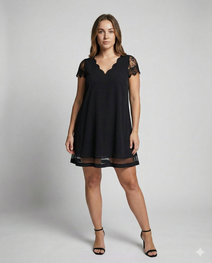 Scalloped V-Neck Lace Sleeve Dress