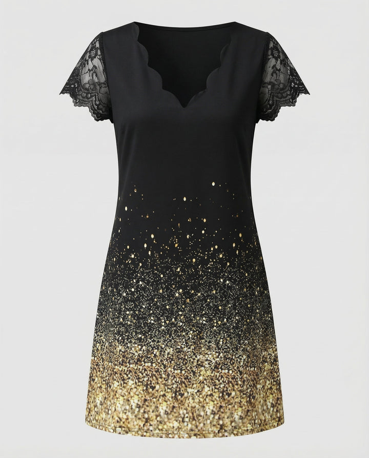 Scalloped V-Neck Lace Sleeve Dress