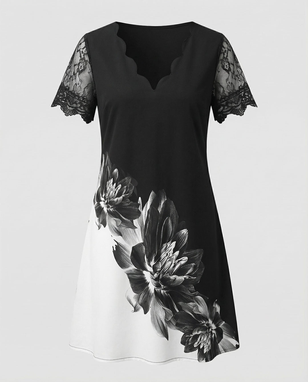 Scalloped V-Neck Lace Sleeve Dress