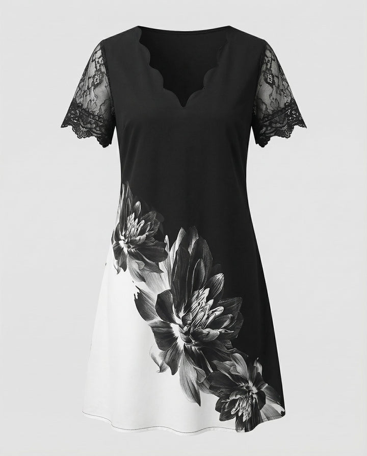Scalloped V-Neck Lace Sleeve Dress