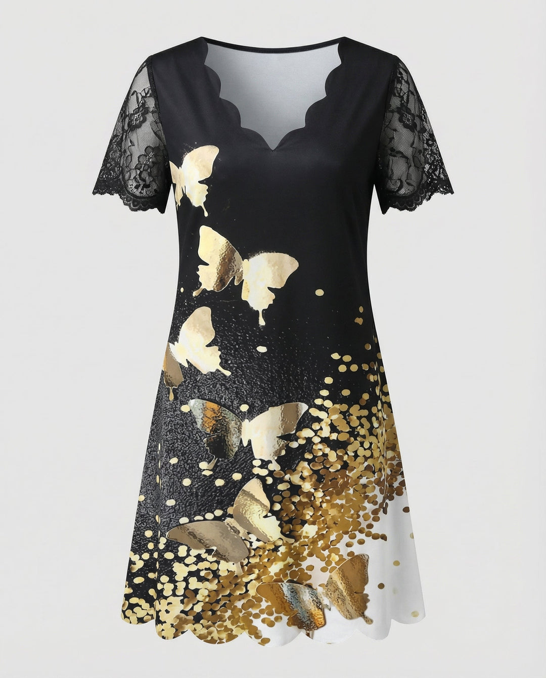 Scalloped V-Neck Lace Sleeve Dress