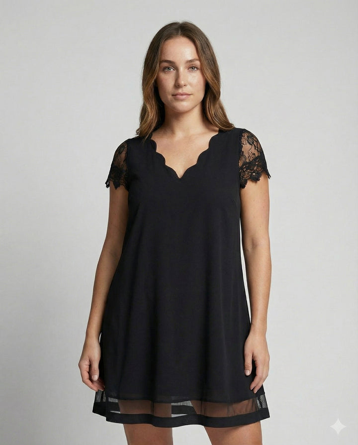Scalloped V-Neck Lace Sleeve Dress