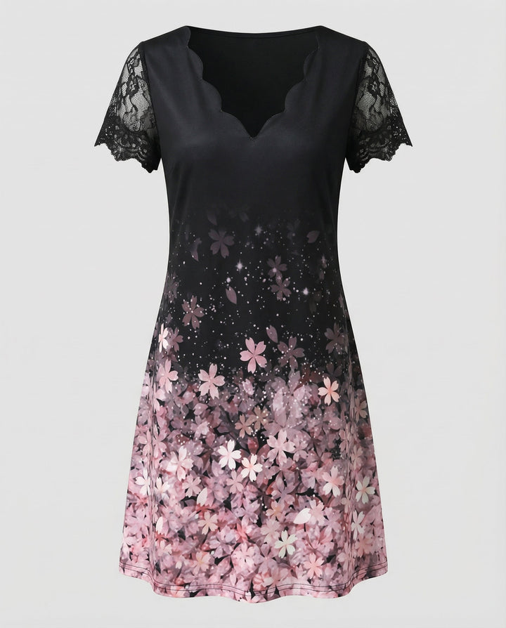 Scalloped V-Neck Lace Sleeve Dress