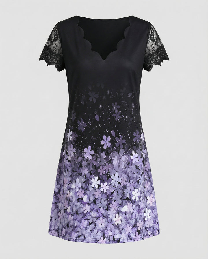 Scalloped V-Neck Lace Sleeve Dress