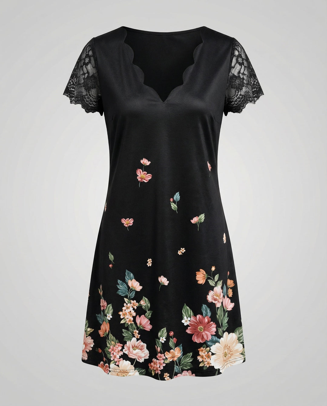 Scalloped V-Neck Lace Sleeve Dress