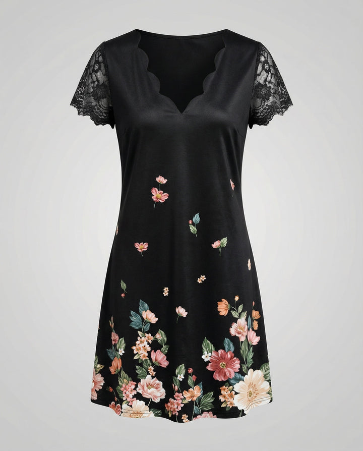 Scalloped V-Neck Lace Sleeve Dress