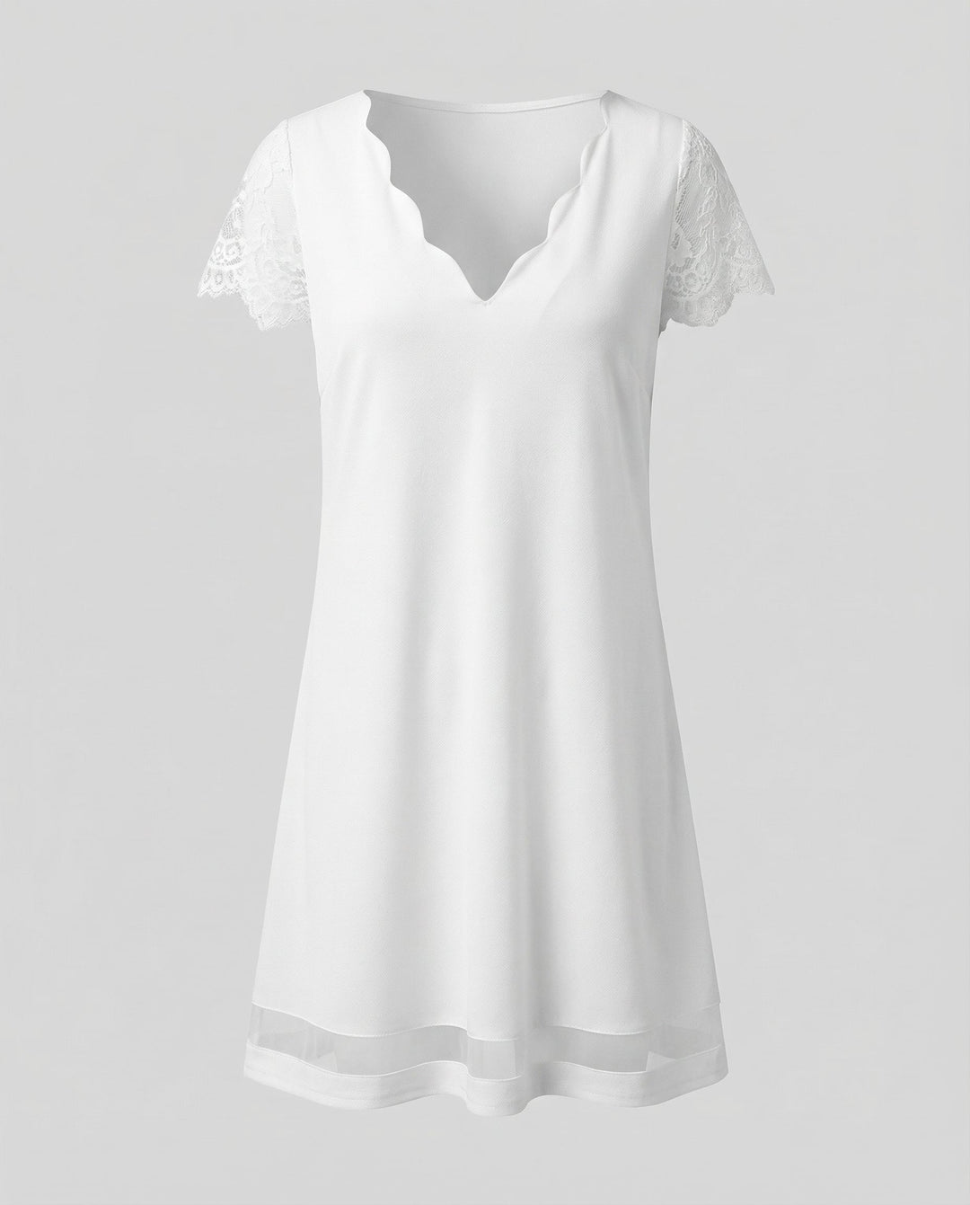 Scalloped V-Neck Lace Sleeve Dress