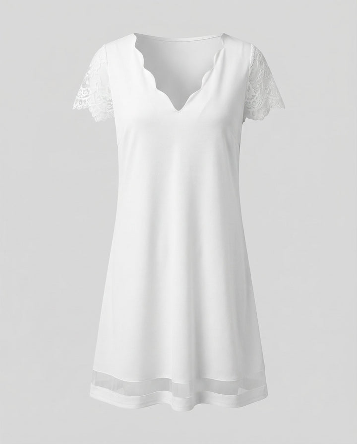 Scalloped V-Neck Lace Sleeve Dress