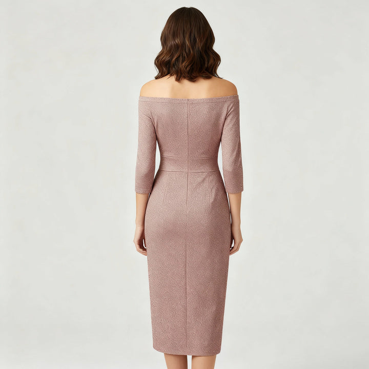 Off-Shoulder Satin-Look Midi Dress With Slit