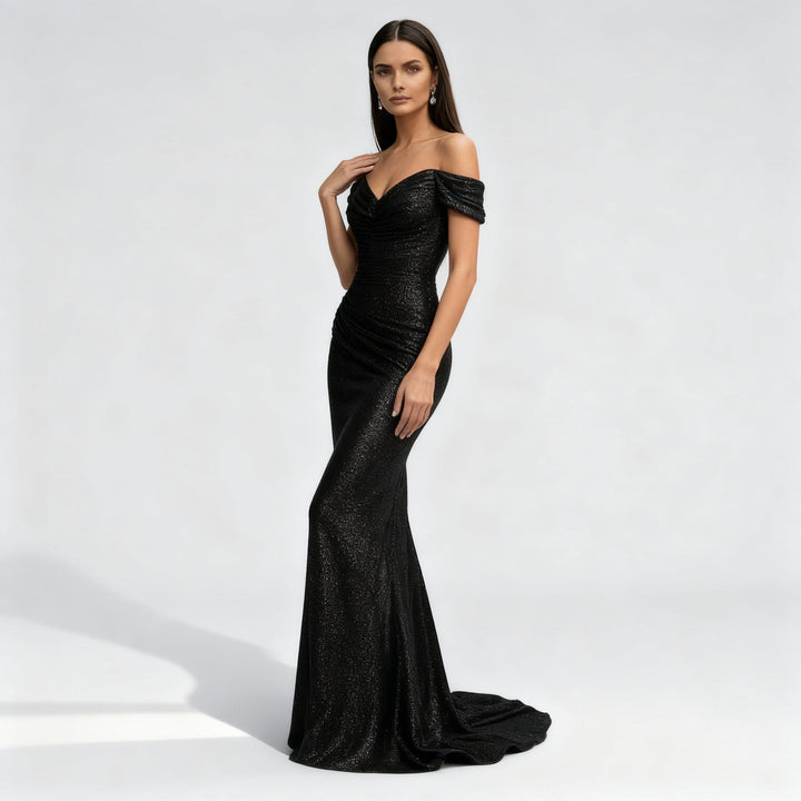 Off-Shoulder Sequin Maxi Dress with Slit
