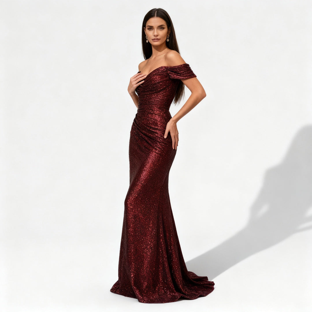 Off-Shoulder Sequin Maxi Dress with Slit