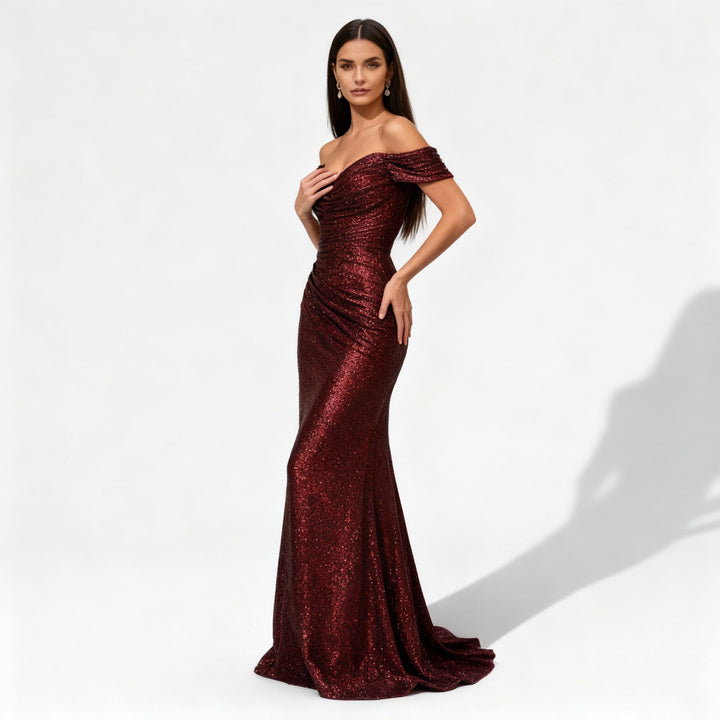 Off-Shoulder Sequin Maxi Dress with Slit