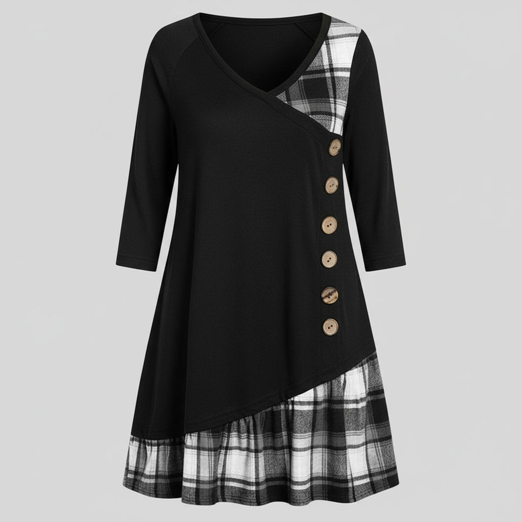 Plaid V-Neck Long Sleeve Dress