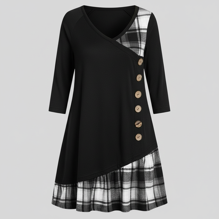 Plaid V-Neck Long Sleeve Dress