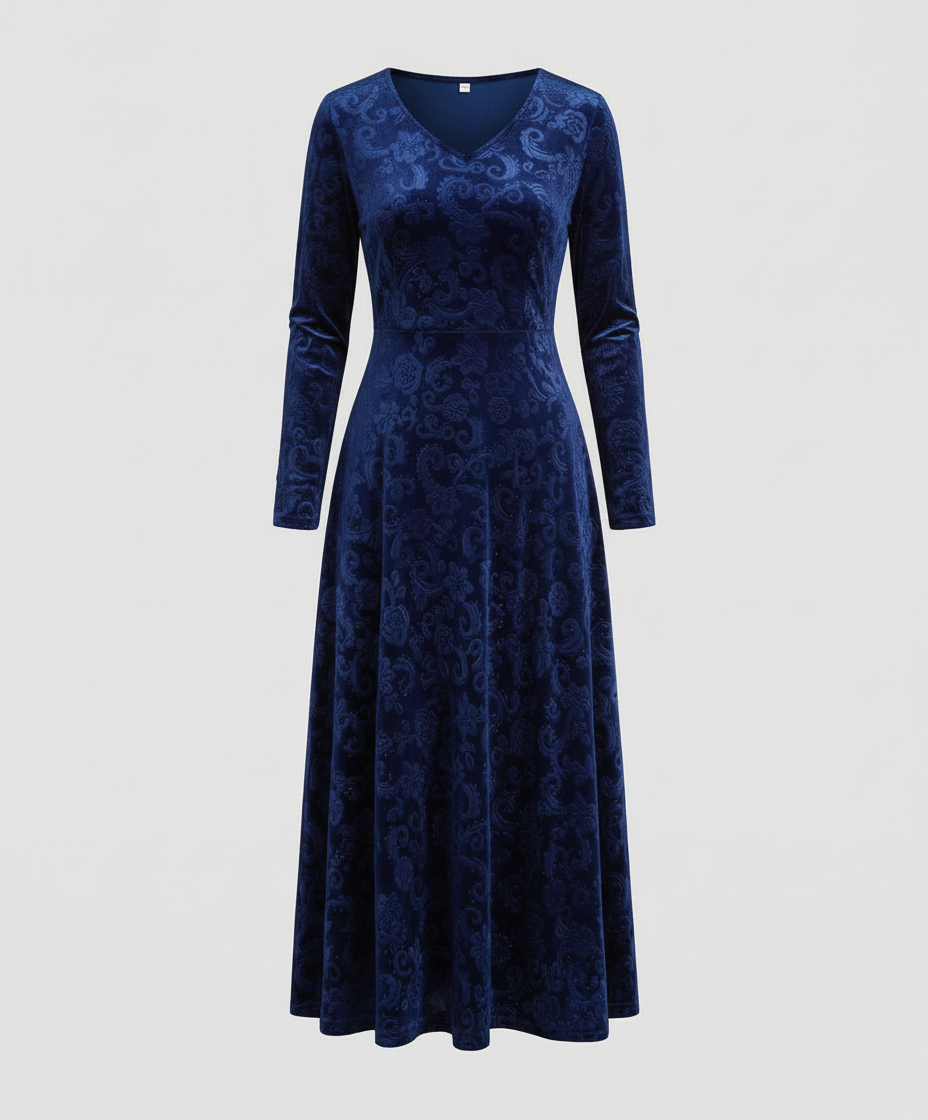 Velvet-Look V-Neck Long Sleeve Midi Dress