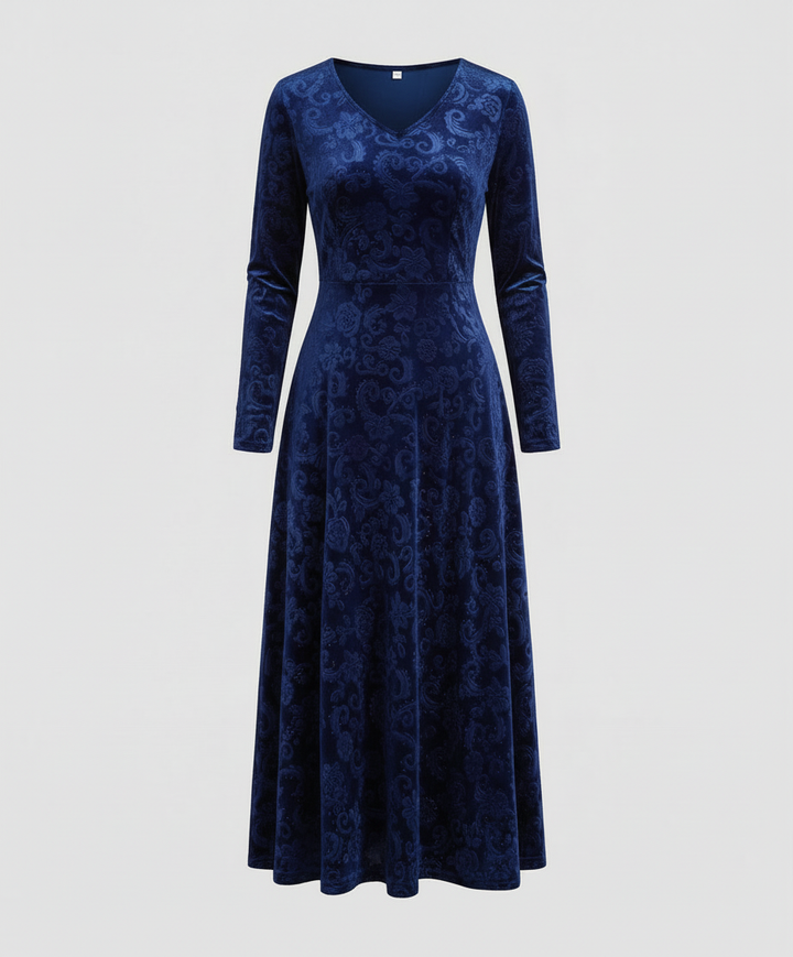 Velvet-Look V-Neck Long Sleeve Midi Dress