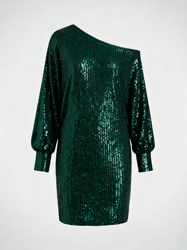 Off-Shoulder Sequin Mini Dress With Long Sleeves