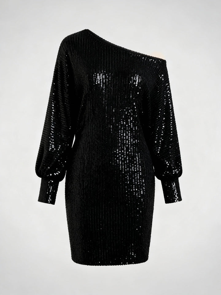Off-Shoulder Sequin Mini Dress With Long Sleeves