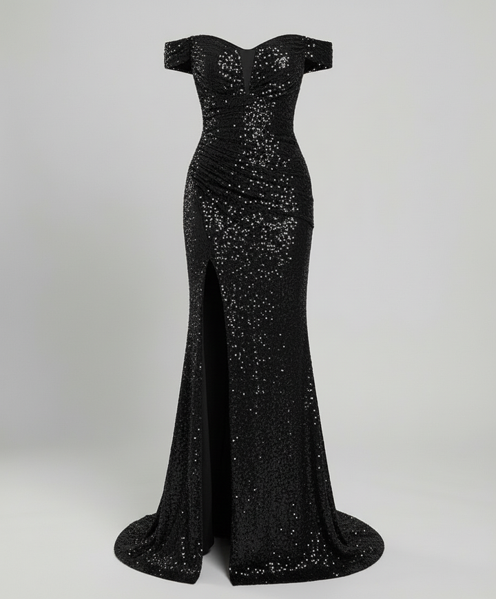 Off-Shoulder Sequin Maxi Dress With Slit