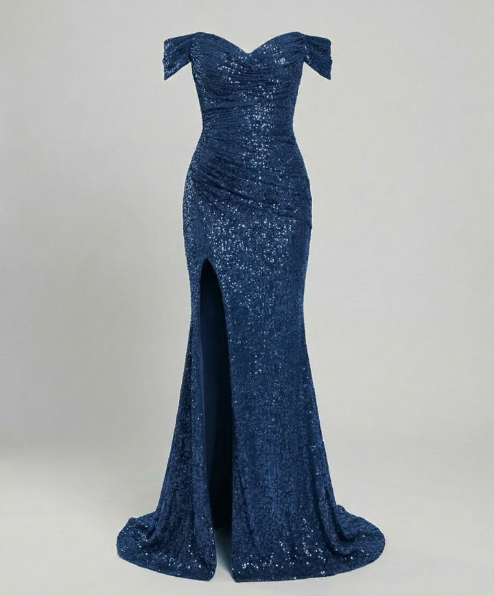 Off-Shoulder Sequin Maxi Dress With Slit