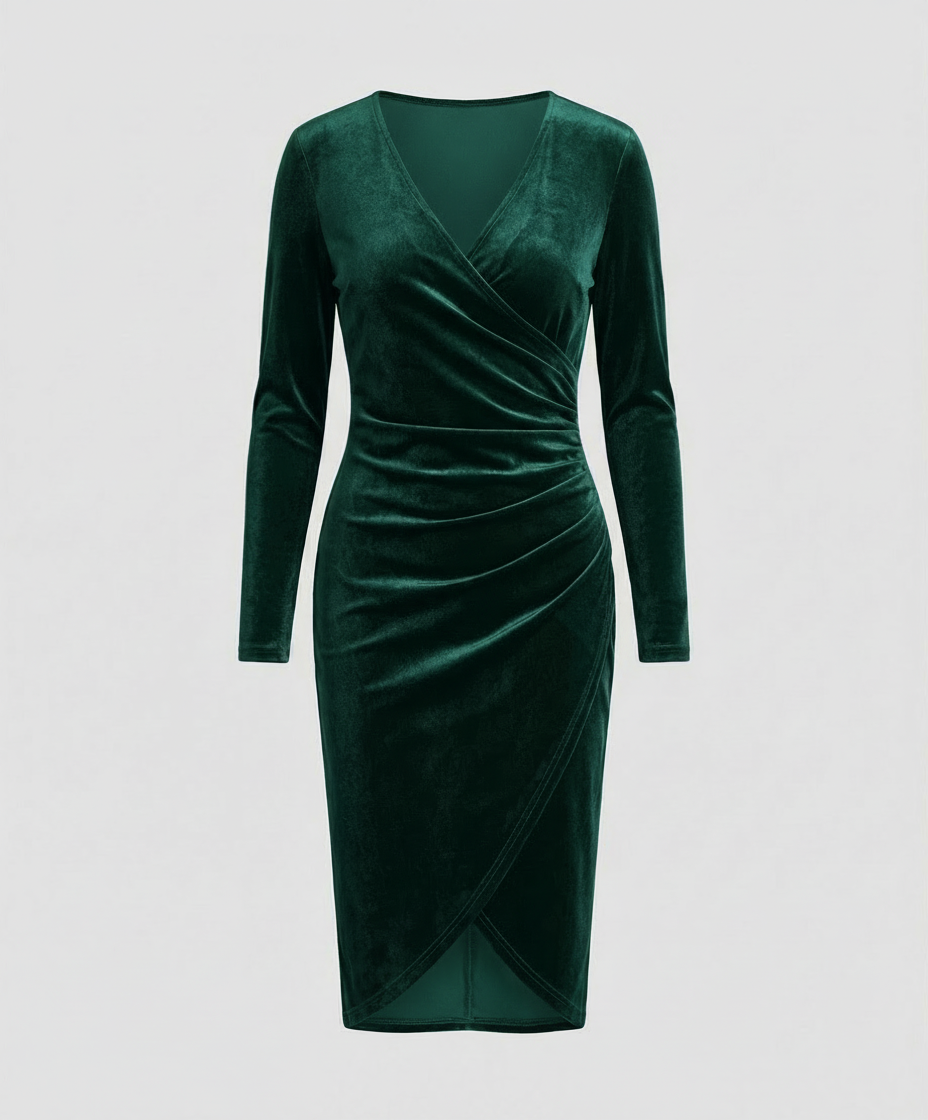 Velvet-Look V-Neck Midi Dress With Long Sleeves