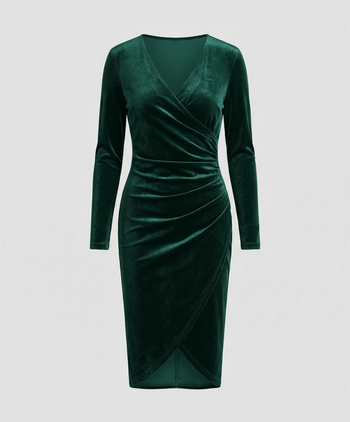 Velvet-Look V-Neck Midi Dress With Long Sleeves
