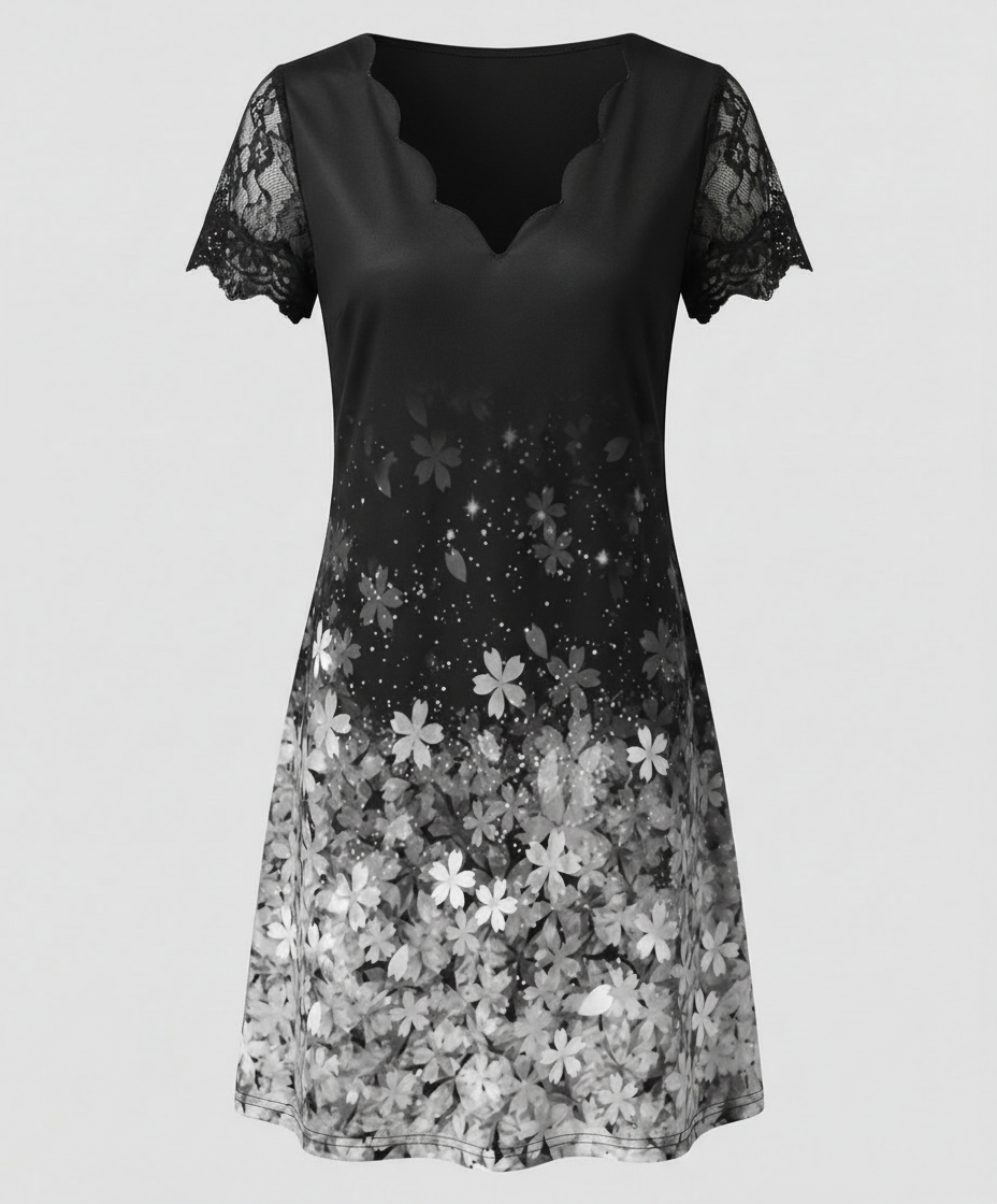 Scalloped V-Neck Lace Sleeve Dress