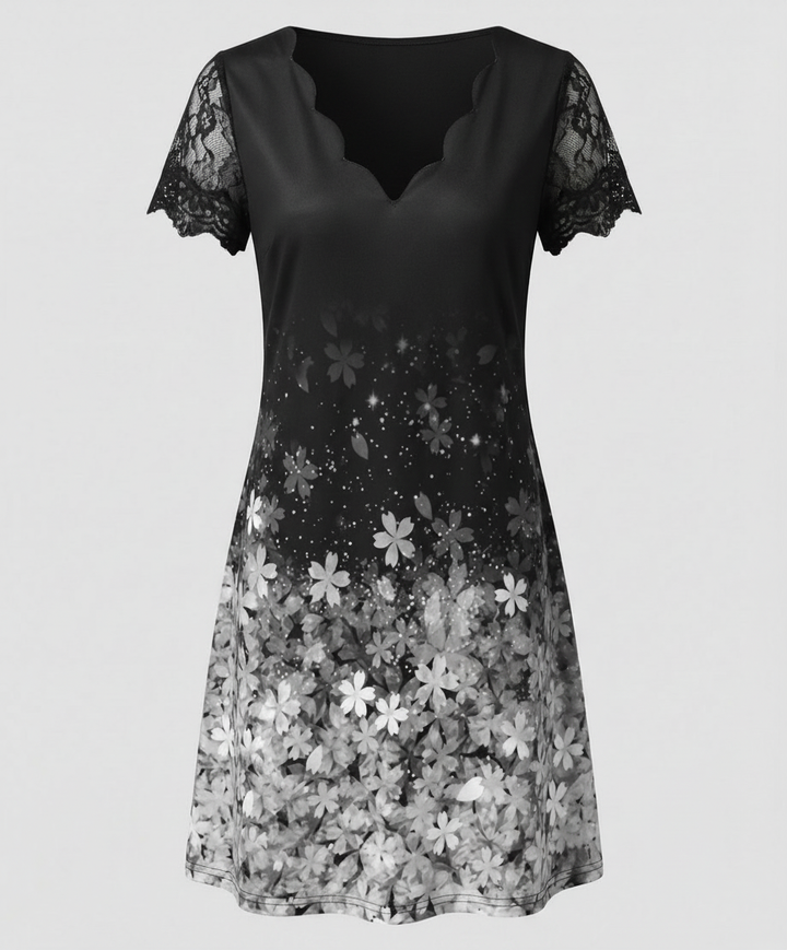 Scalloped V-Neck Lace Sleeve Dress