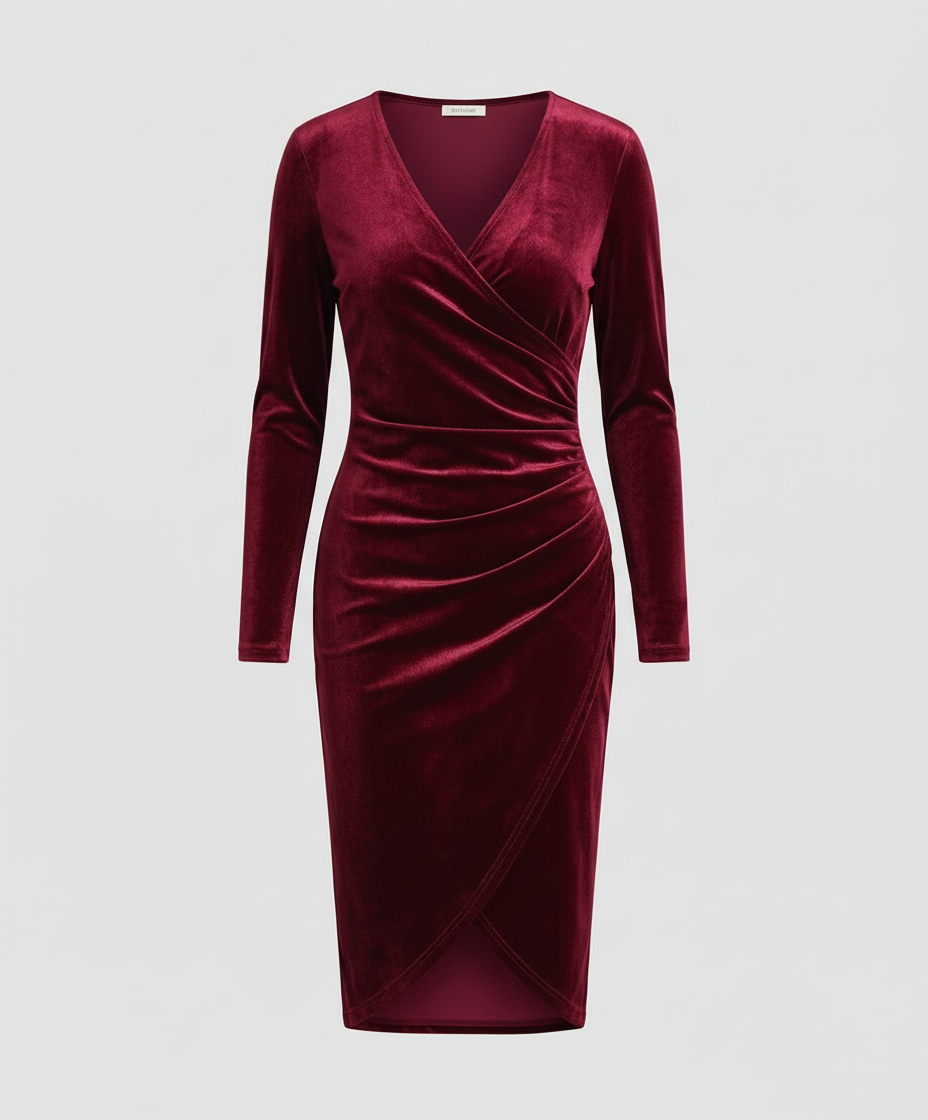 Velvet-Look V-Neck Midi Dress With Long Sleeves
