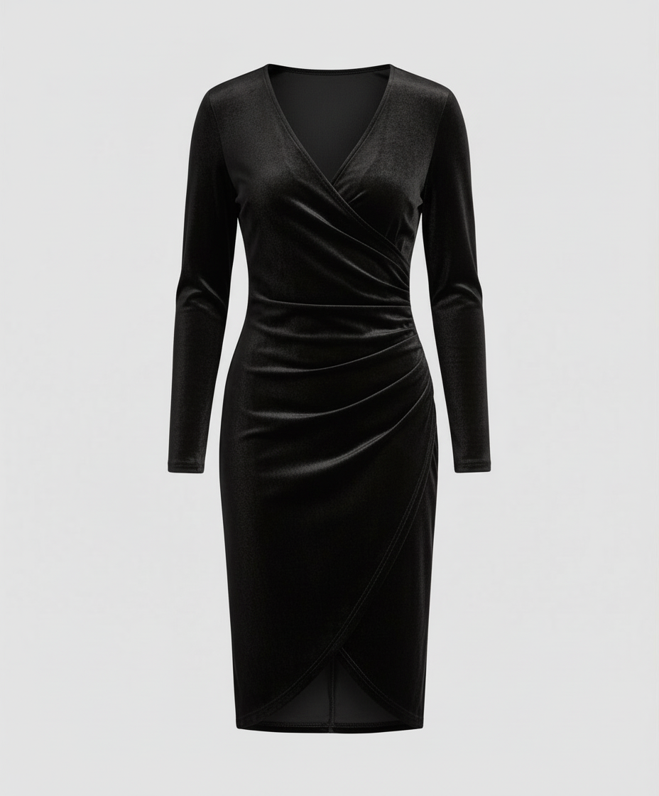 Velvet-Look V-Neck Midi Dress With Long Sleeves