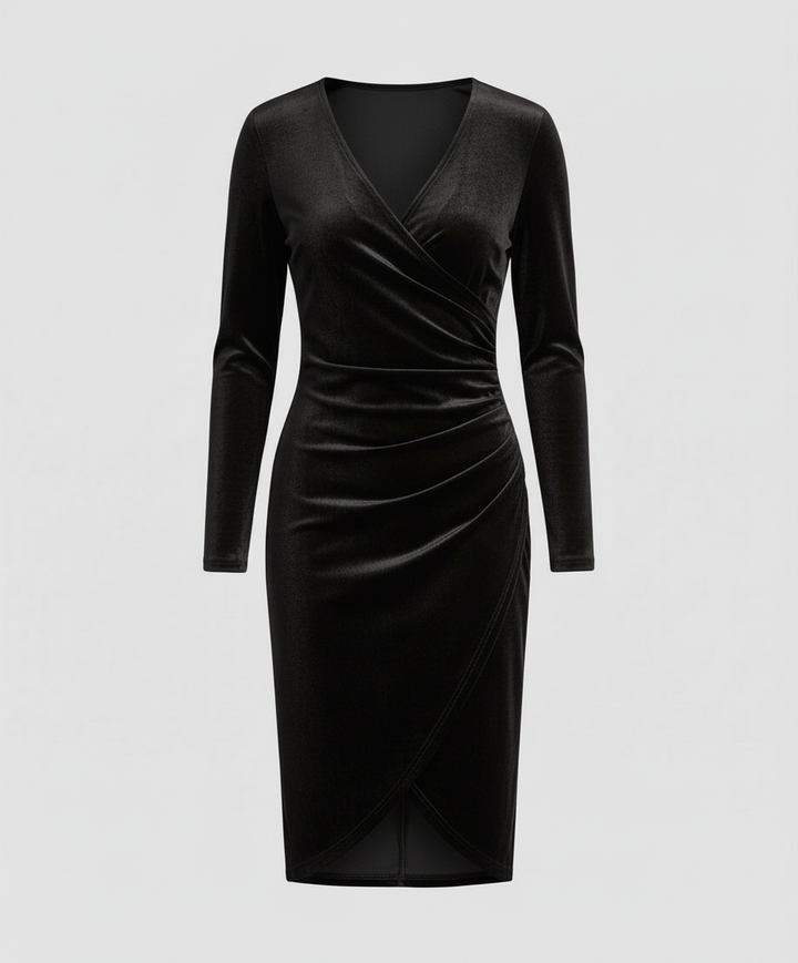 Velvet-Look V-Neck Midi Dress With Long Sleeves