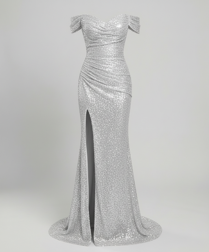 Off-Shoulder Sequin Maxi Dress With Slit