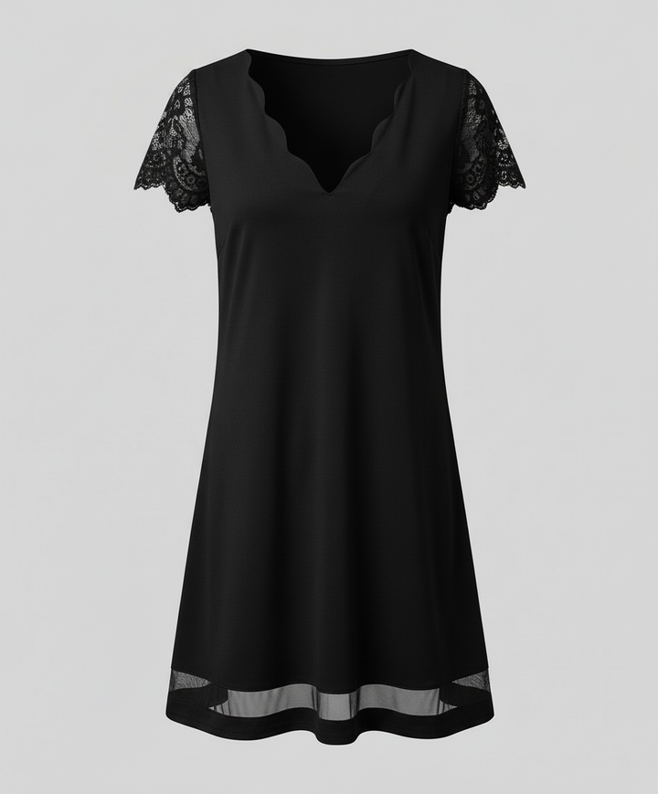 Scalloped V-Neck Lace Sleeve Dress
