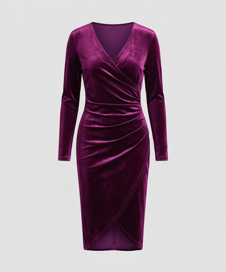 Velvet-Look V-Neck Midi Dress With Long Sleeves