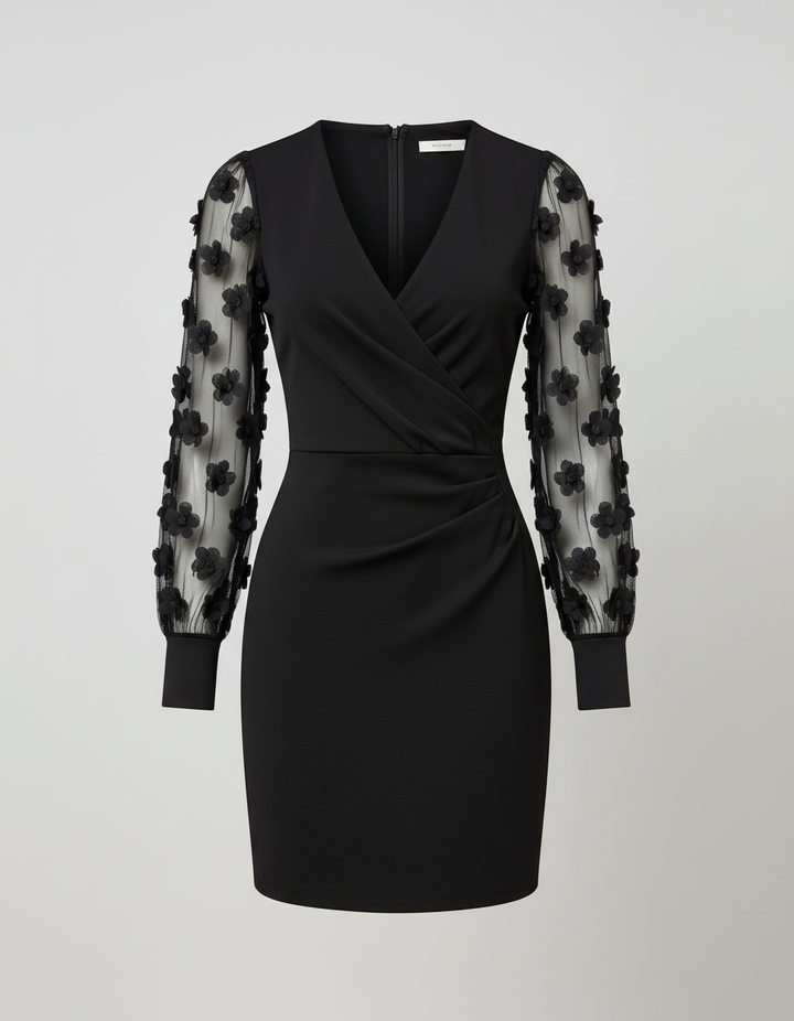 Black Lace Sleeve Wrap Dress