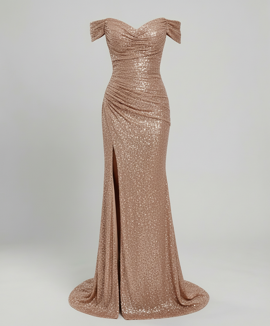 Off-Shoulder Sequin Maxi Dress With Slit