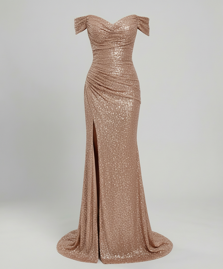 Off-Shoulder Sequin Maxi Dress With Slit