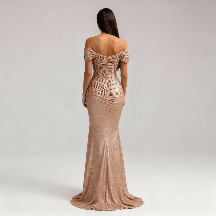 Off-Shoulder Sequin Maxi Dress with Slit