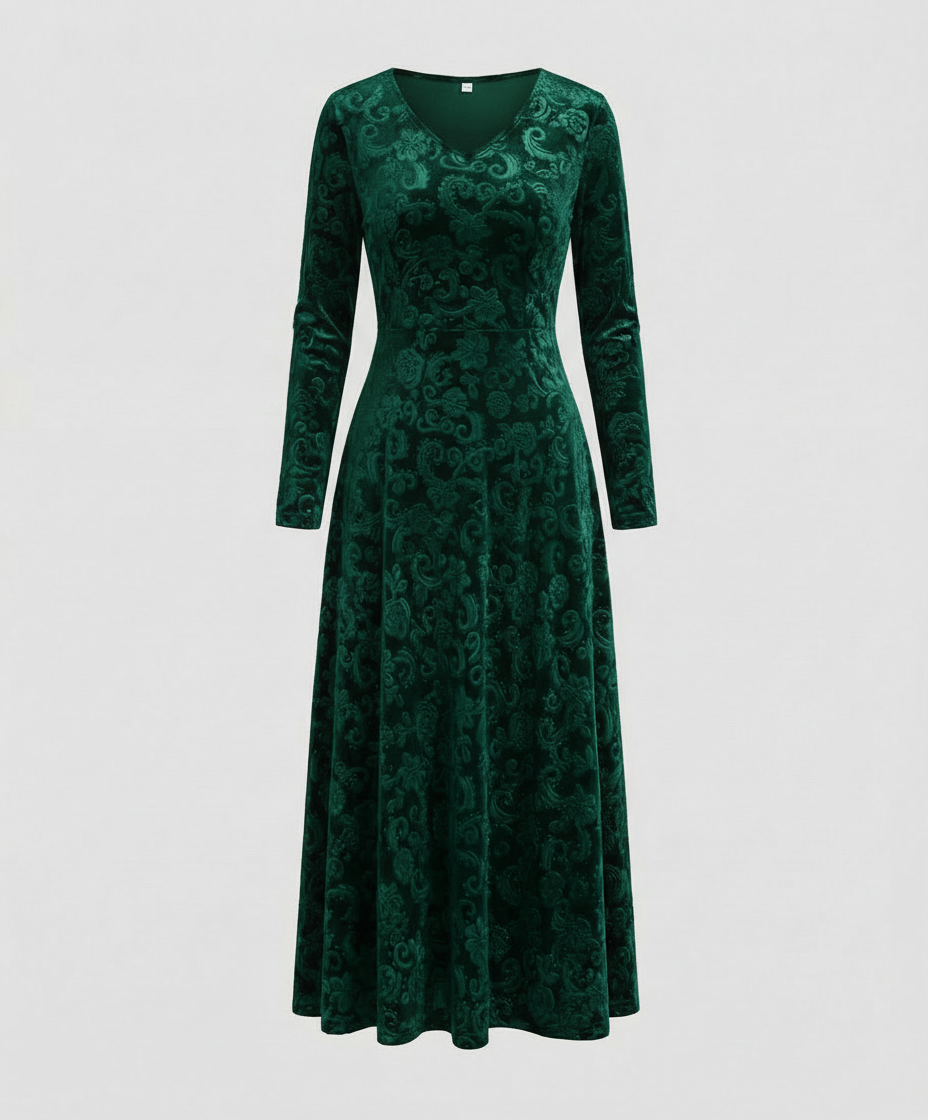 Velvet-Look V-Neck Long Sleeve Midi Dress
