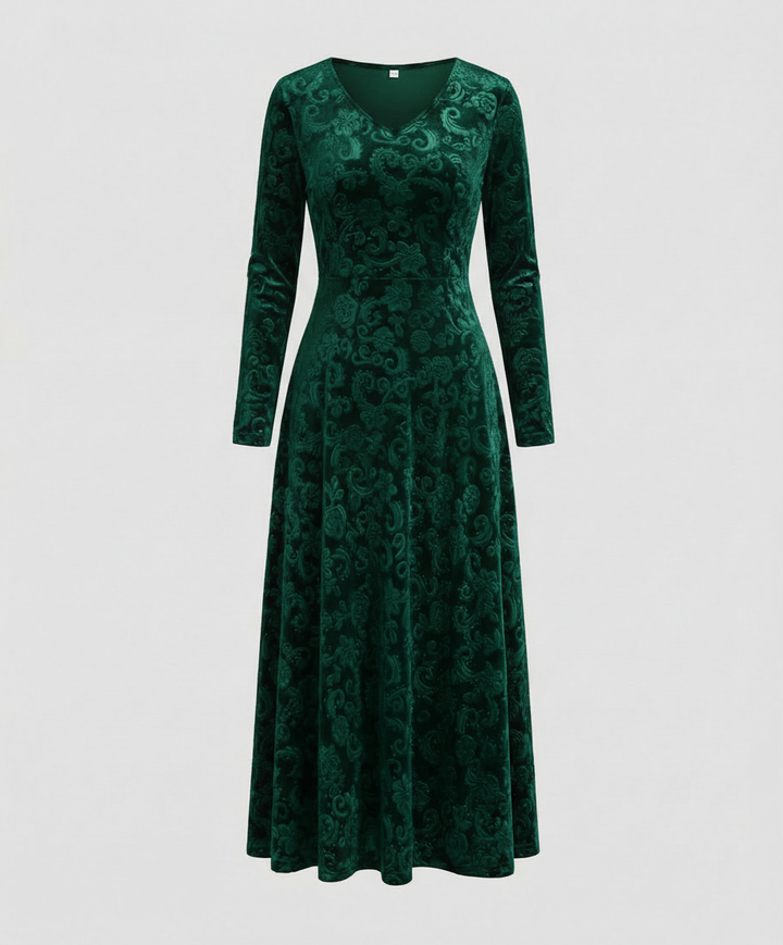 Velvet-Look V-Neck Long Sleeve Midi Dress